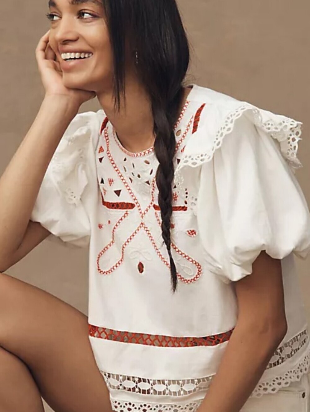 White Eyelet Puff-Sleeve Cutwork Top with Red Embroidery * L * NWT * Retail 118 - Picture 2 of 3